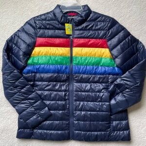 Women’s Navy Puffer Jacket with Rainbow Stripes